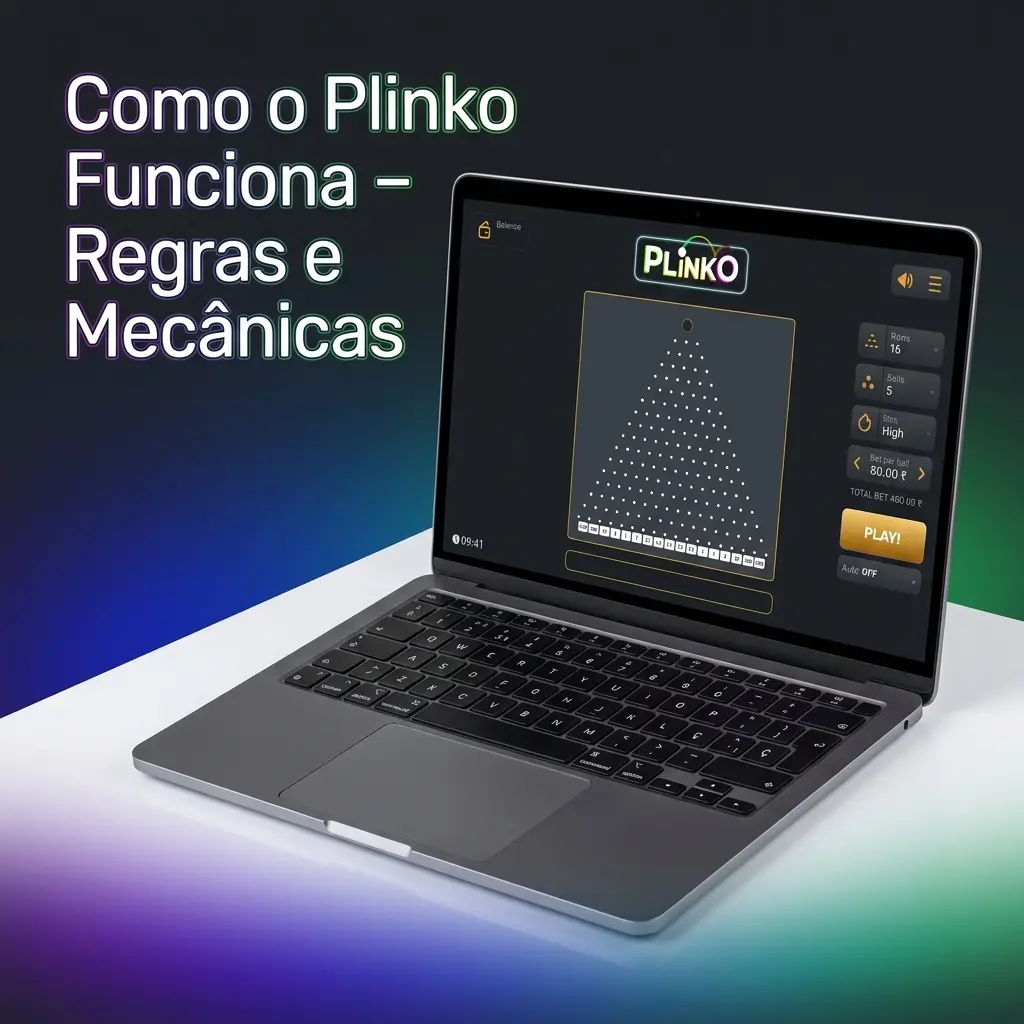 Diagrama do funcionamento do Plinko com painel de pinos, níveis de risco e multiplicadores na base