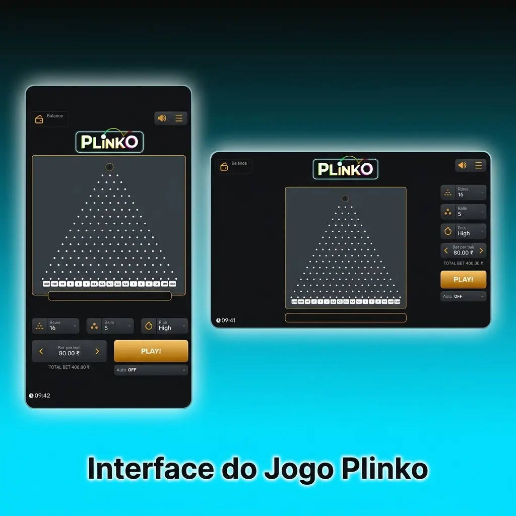 Interface do jogo Plinko com painel de pinos, controles de aposta e multiplicadores coloridos destacados na base